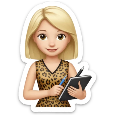 Blond hair girl with a leopard print dress and black leggings smiling holding a note book and a pen sticker