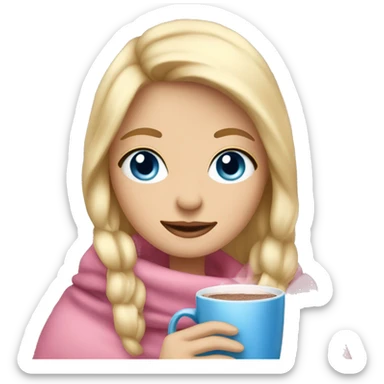 Blonde girl with blue eyes with a cozy pink blanket drinking hot chocolate  sticker