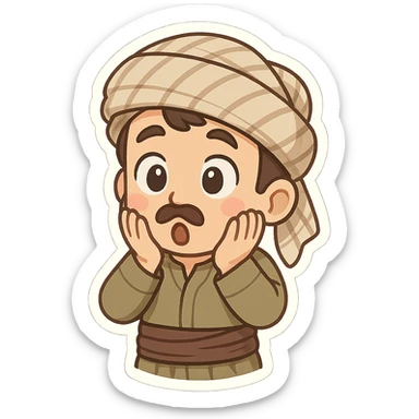 Kurdish sticker, cartoon style, Kurdish man or woman in jamadani, surprised expression, wide eyes, hands on cheeks, no text sticker