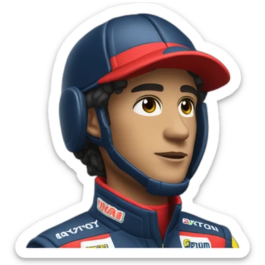 Aytron senna in a dark blue hat and red racing suit sticker
