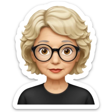woman 70 years old, short blonde weavy hair, brown eyes and round dark glasses sticker