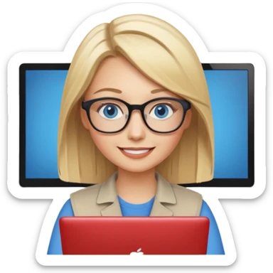 donna bionda occhi azzurri con occhiali, capelli media lunghezza lisci, è al pc è una grafica editoriale e redattrice sticker