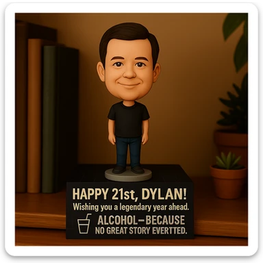 Add a birthday message: 'Happy 21st, Dylan! Wishing you a legendary year ahead.' Keep Dylan as a bobblehead character, minimal neon grid background, one drink icon, bold chrome text for the quote, and maintain the clean, balanced layout in the bobblehead style sticker