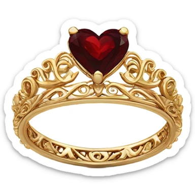 Gold ornate tiara shaped engagement ring with heart shaped garnet stone in center front facing sticker