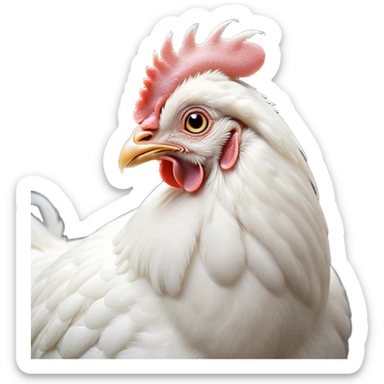 Cinematic Noble White Chicken Portrait Emoji, Poised and regal, with a compact, sturdy build and a pristine, well-groomed pure white plumage, deep-set soulful beady eyes, Simplified yet sharp and sophisticated features, highly detailed, glowing with a soft, dignified glow, high shine, intelligent and alert, stylized with an air of barnyard elegance, focused and attentive, soft glowing outline, capturing the essence of a watchful and confident fowl, so majestic it feels as though it could strut out of the screen with effortless authority! sticker