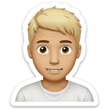 Male with short, messy blonde buzzstyle hair, large expressive golden-brown eyes, brown skin, subtle facial bruises and scratches, crooked smile showing slightly damaged teeth, wearing a plain white t-shirt. sticker