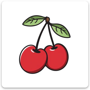 Hand-drawn pair of crimson red cherries with stem and leaves sticker