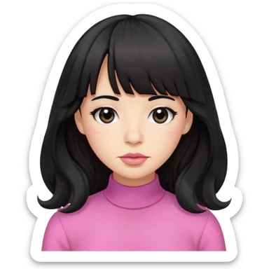 wavy long black hair with bangs, small lips, downturned black eyes, small large nose, pink clothes  sticker