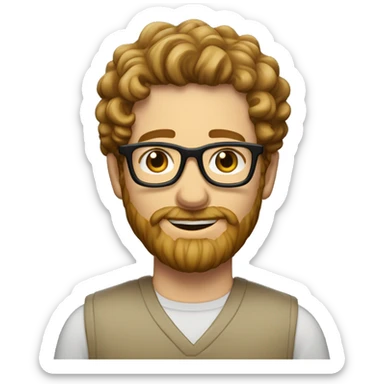 White male salt and peper beard short hair an curly light brown haircut with clear round plasic glasses sticker