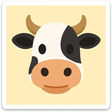 Create a simplified, friendly cow face emoji similar to the reference image. The emoji should have black and white markings and horns, with a subtle highlight added to the nose, in a simplified emoji-like style. sticker