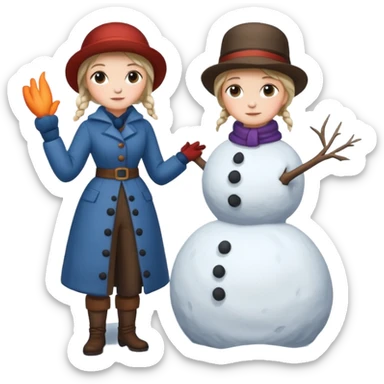  young Virginia Poe and  eldely Maria Clemm  full body building a snowman  1800's sticker