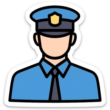 Russian police officer wearing blue uniform and traditional police cap with badge sticker