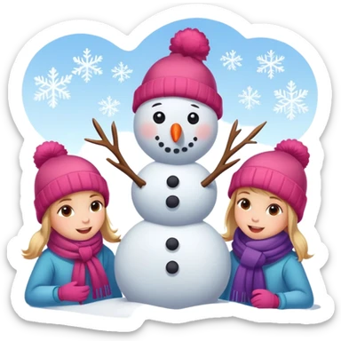 kids building a snowman, simple and expressive sticker