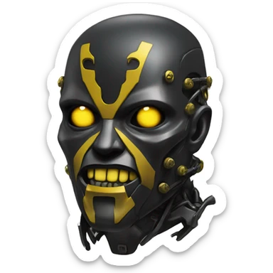 black metal cyborg head with yellow goatee sticker