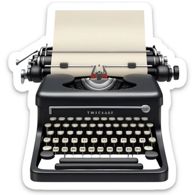 Create an emoji representing screenwriting. The design should feature an open script with visible dialogue and action lines, symbolizing the writing of a screenplay. Include a classic typewriter or a modern writing device, such as a laptop, to signify the process of creating a script. Add a vintage film camera next to the script to emphasize the cinematic aspect of screenwriting. Use a professional color palette with black, white, and subtle metallic tones. Do not include any emojis or smiley faces. Make the background transparent. sticker