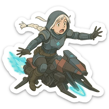 1 female, white hair long braid, gold yellow eyes, no helmet, a novice warlock from Destiny 2 armor,, futuristic technology,, level 1 warlock, flying out of control on a sparrow sticker
