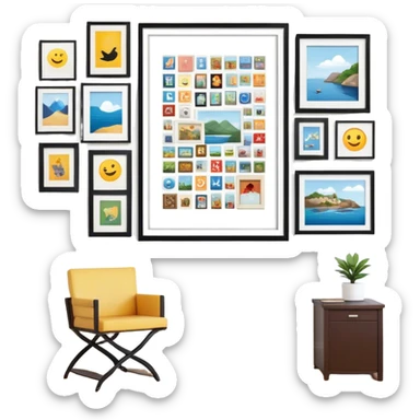 Icon for Photograph and Poster Collecting: a large poster in the center, surrounded by various-sized framed photographs. The icon should capture the charm of collecting photos and posters, arranged artistically on a wall. Transparent background. sticker