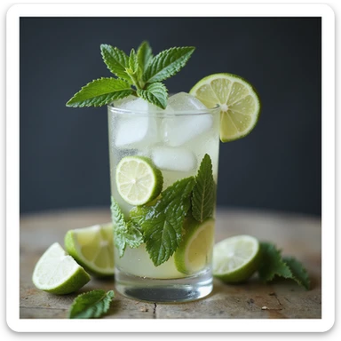 realistic mojito cocktail in a glass with mint leaves, lime slices, ice, photorealistic style, transparent background sticker