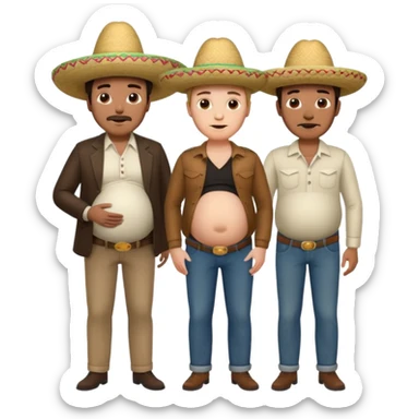 two men standing besides each other. 1 man is white and not pregnant, and the other man is mexican wearing a sombrero and pregnant, holding his belly.  sticker