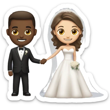 bride with long dark brown in off the shoulder dress and groom with light brown hair in dark suit sticker