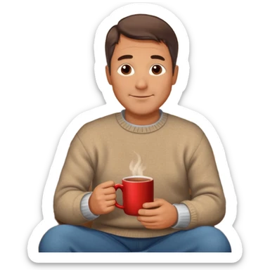 Cozy handsome 45 year old man sitting next to a nice fireplace with a hot apple cider, book, and plate of chocolate cookies. sticker