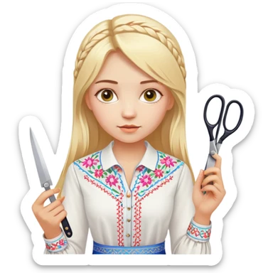 Ukrainian young girl with blonde hair in a white traditional embroidered shirt (vyshyvanka) holding scissors in one hand and colorful paper in the other hand sticker