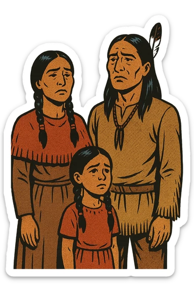 The full body of a native american mother, father and their daughter from the 1880s standing up straight with their heads held high but looking sad. sticker