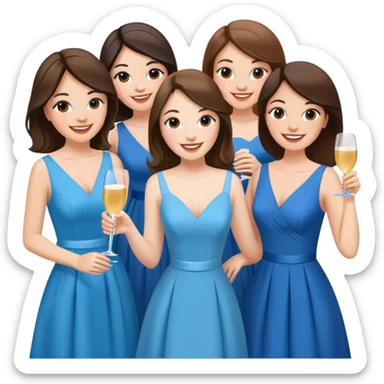 7 white girl friends all with brunette hair, bridesmaids, wearing diferente scooters with diferentes shared of blue partying sticker