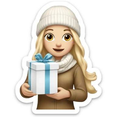 Dirty blonde white girl holding a white gift with a gold ribbon wearing a white and tan beanie and scarf sticker