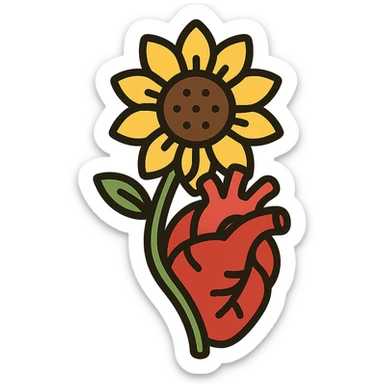 a stylized sunflower entwined with a human heart, bold colors, graphic style sticker
