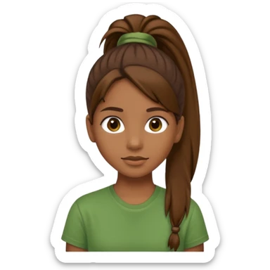 Make a zumba coach emoji, brown eyes, brown hair girl, green shirt withe "the roots" on it, longer pony tail hair sticker