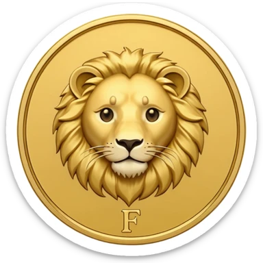 Pièce d’or ronde vue de face, lettre F gravée au centre, tête de lion fine et discrète en arrière‑plan, style emoji simple. sticker