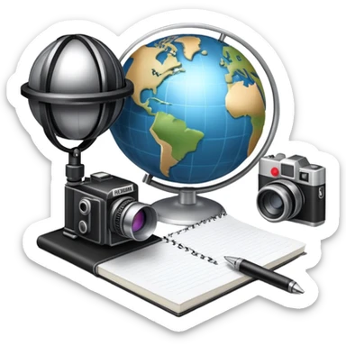 An icon showing a microphone, a notepad, and a camera, symbolizing journalism. The design includes a globe in the background, representing global news, and a breaking news banner for emphasis. Transparent background highlights the dynamic world of media and reporting. sticker