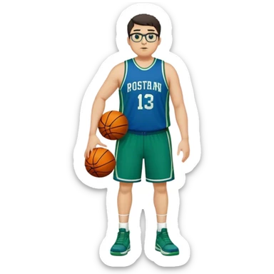 Full Body plus size tall white male with dark short hair basketball player wearing glasses wearing blue green uniform sticker
