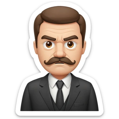 A grumpy cartoon man with a bushy mustache and angry expression, wearing a business suit sticker
