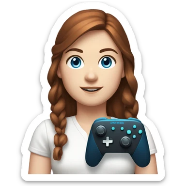 White girl, dark auburn hair, blue eyes, with a Nintendo switch controller sticker