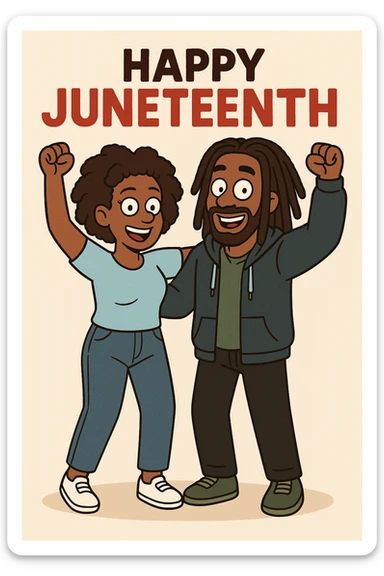 A woman Kinky hair light blue shirt blue jeans white shoes boy Dreadlocks dark brown hair green shuts navy blue zip up hoodie black jeans green shoes Bob Marley Vanessa Nakate Mae Jemison Happy JUNETEENTH sticker