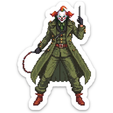 evil clown soldier, bald, small black horns on forehead, fangs, pointed ears, eye patch over one eye, long coat over black and military green clothes with bellbottom pants, tail, holding a whip, no knife, realistically proportioned, less bulky, full body, fighting stance sticker