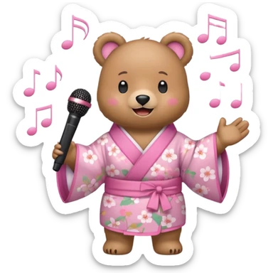 A cute light-brown bear wearing a pastel pink sakura-patterned kimono, normal balanced body ratio.  
Holding a microphone and singing happily, music notes floating around and a bright joyful smile.  
Kawaii emoji style, minimalistic clean sticker illustration, white background. sticker