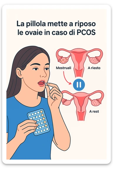 Donna con pcos che prende la pillola, e la pillola mette a riposo le ovaie in italiano sticker