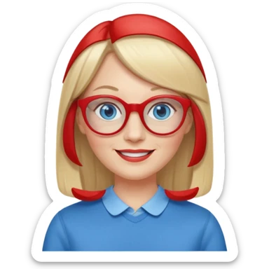 45 yr old white woman, pale skin, long straight blond hair parted in center, blue eyes, bangs, clothes for school, big red glasses, oval face sticker