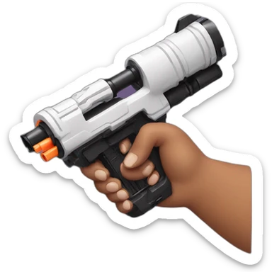 manicured hand holding large scary black and white nerf gun sticker