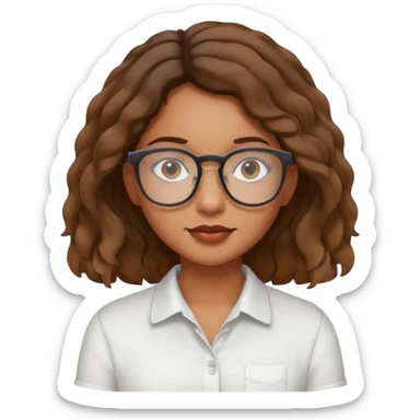 brown girl with wavy  shoulder length hair. glasses, sticker