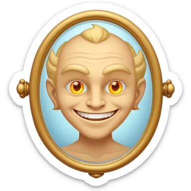 A smug, charismatic figure holds a mirror their reflection. in the glass—glowing, predatory eyes a grin, or deep cracks symbolizing a **fragile ego**. Their grip is tight, as if clinging to the illusion of perfection, shadows  behind them, revealing the manipulation hidden beneath their charm. sticker