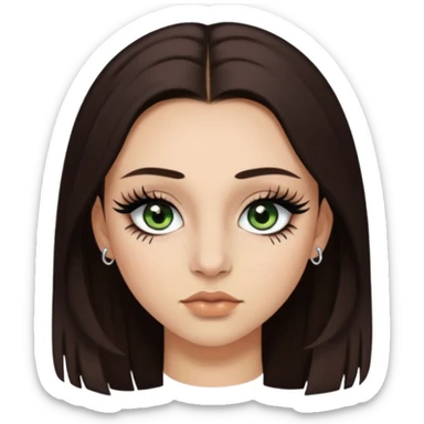 Y2k style Girl with: long, straight dark brown hair, green/ hazel eyes, nostril and septum piercing, fake eyelashes and eyeliner sticker