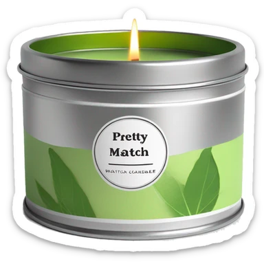 small pretty matcha scented candle in silver tin with label realistic sticker