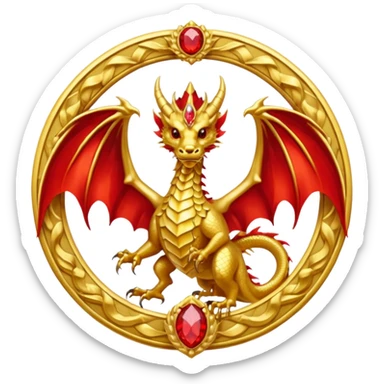 Golden Dragon with golden wings golden crest/brosch in a golden circle with red gems sticker
