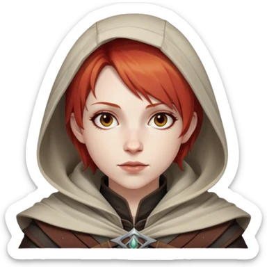 Leliana from Dragon Age with short red hair and hood sticker