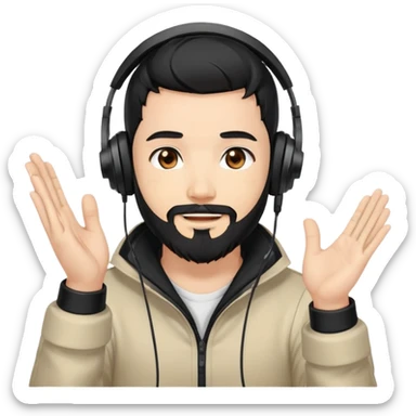 Anime style man with black hair, brown eyes, and black beard wearing gaming headset and applauding, anime art style sticker