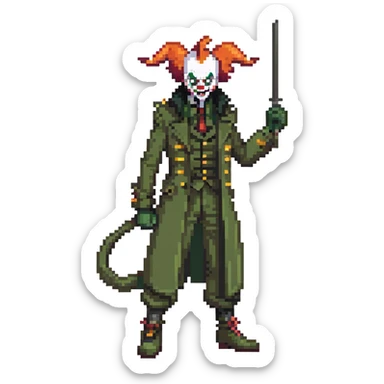 evil clown soldier, bald, small black horns on forehead, fangs, pointed ears, eye patch over one eye, long coat over black and military green clothes with bellbottom pants, tail, holding a different style of whip, realistically proportioned, less bulky, full body, fighting stance sticker